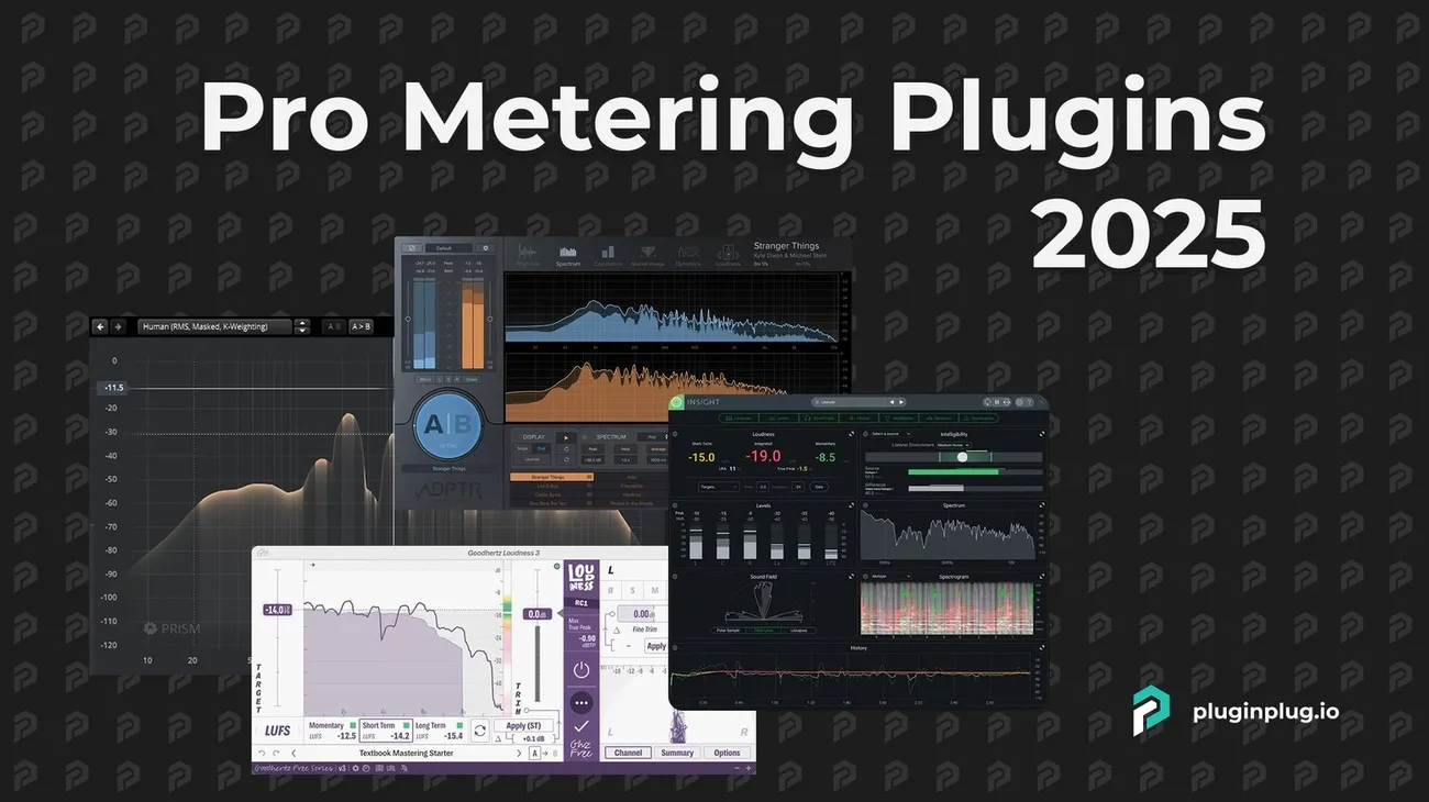 Collage of pro metering plugin interfaces for audio mixing and mastering in 2025 by pluginplug.io.
