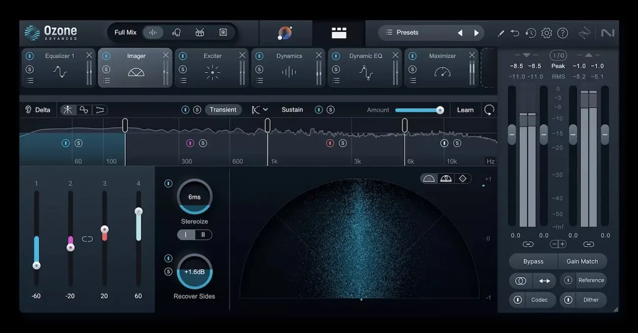 Screenshot of iZotope Ozone Advanced AI mastering plugin showing Imager, Equalizer, Dynamics, and Maximizer controls.