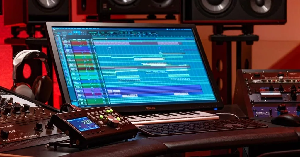 Professional music studio setup with a computer screen displaying a digital audio workstation for recording and mixing in 2025.