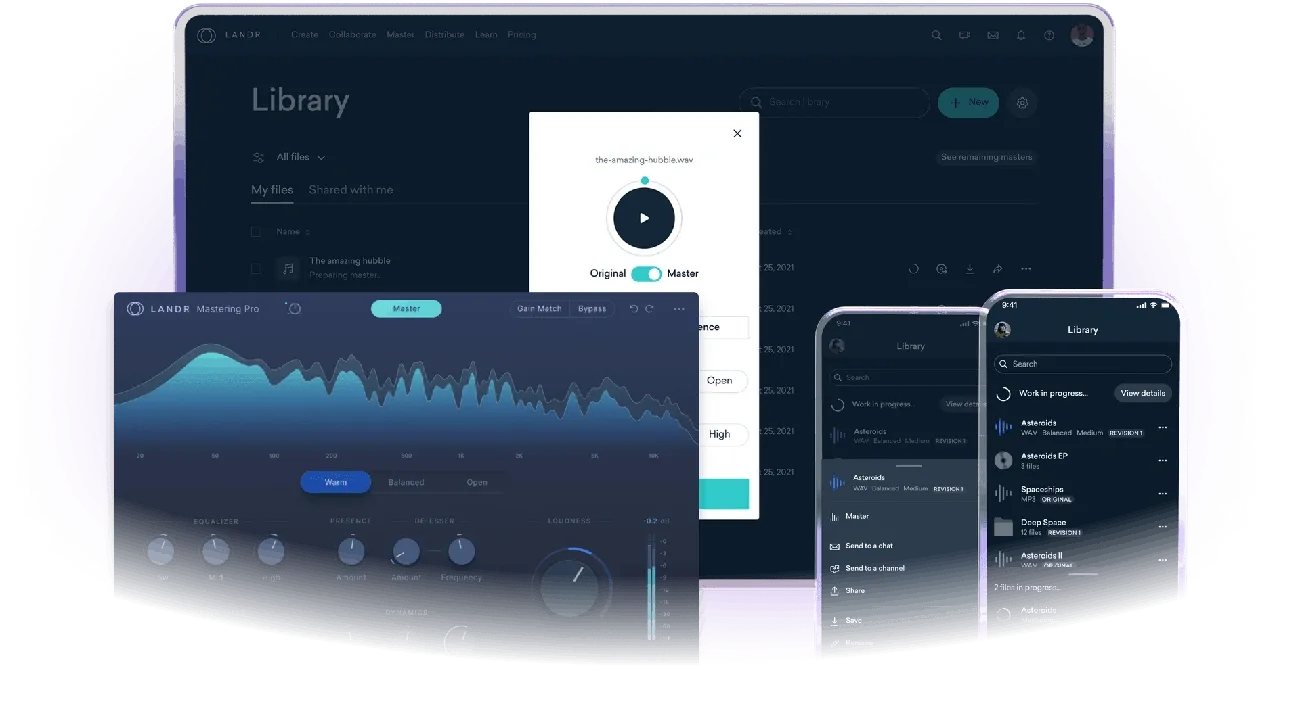 LANDR AI music platform interface showing mastering tools and library on desktop and mobile devices.