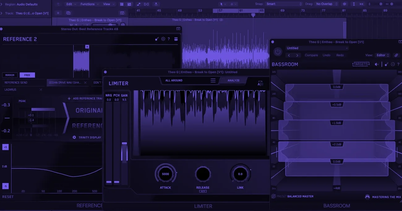 Audio mastering software interface showing limiter and bassroom settings for final music polish.