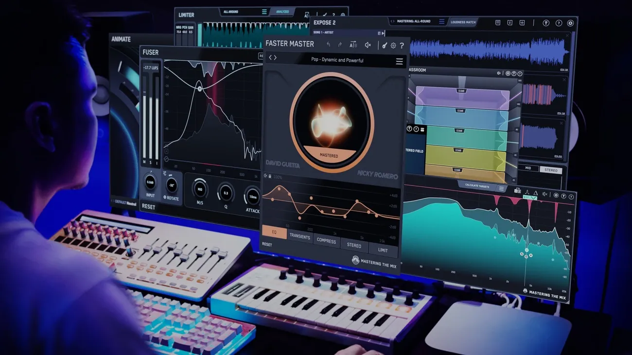 Person using multiple mixing and mastering audio plugins on a computer with a MIDI keyboard and controller.