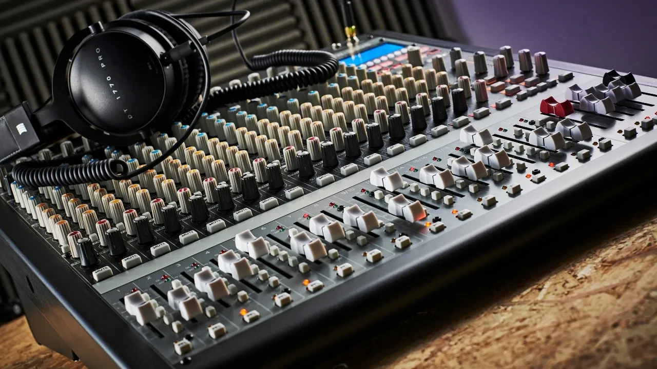 Professional audio mixing console with multiple faders and knobs, accompanied by a pair of black headphones.