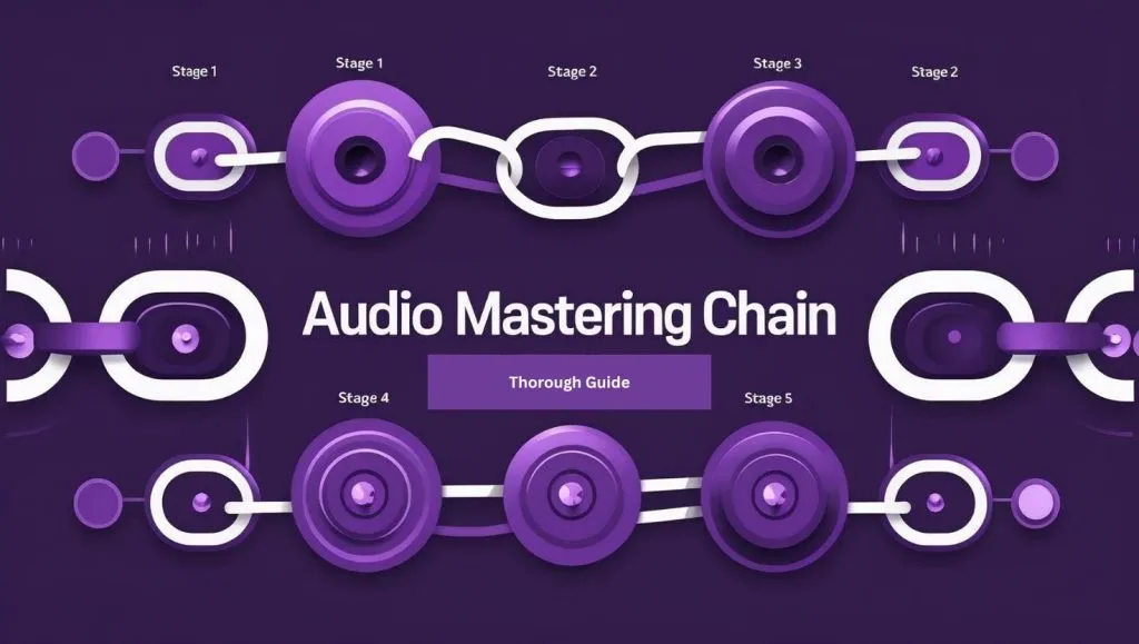 Illustration of an 8-step audio mastering chain guide for beginners with interconnected purple stages on a dark background.
