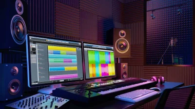 A podcast recording setup with microphones, a laptop, and studio gear used with an ai vocal enhancer for clear audio production