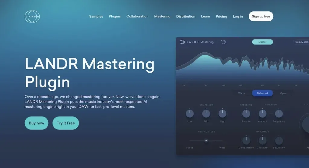 Screenshot of LANDR Mastering Plugin website showcasing AI mastering tools with options to buy or try free in 2025.