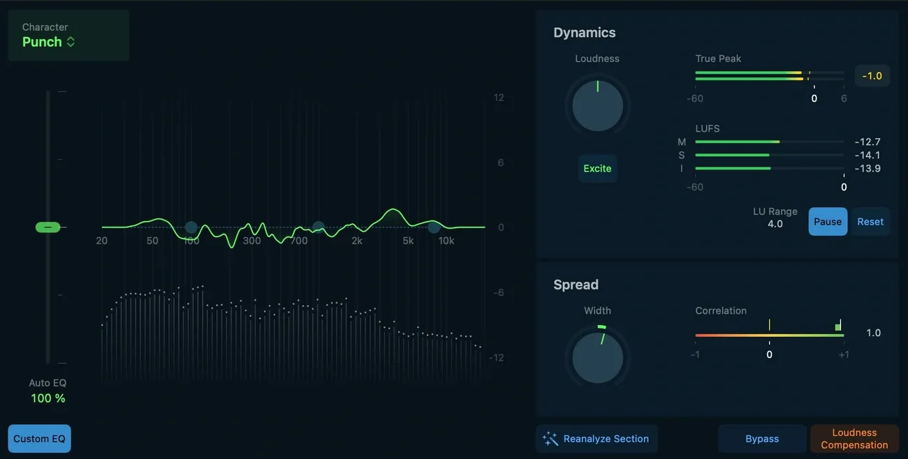 Screenshot of AI music mastering software showing EQ curve, dynamics, spread controls, and loudness metrics.