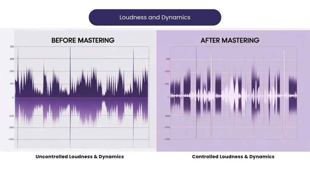 Comparison of audio waveforms showing uncontrolled loudness and dynamics before mastering and controlled loudness and dynamics after mastering.