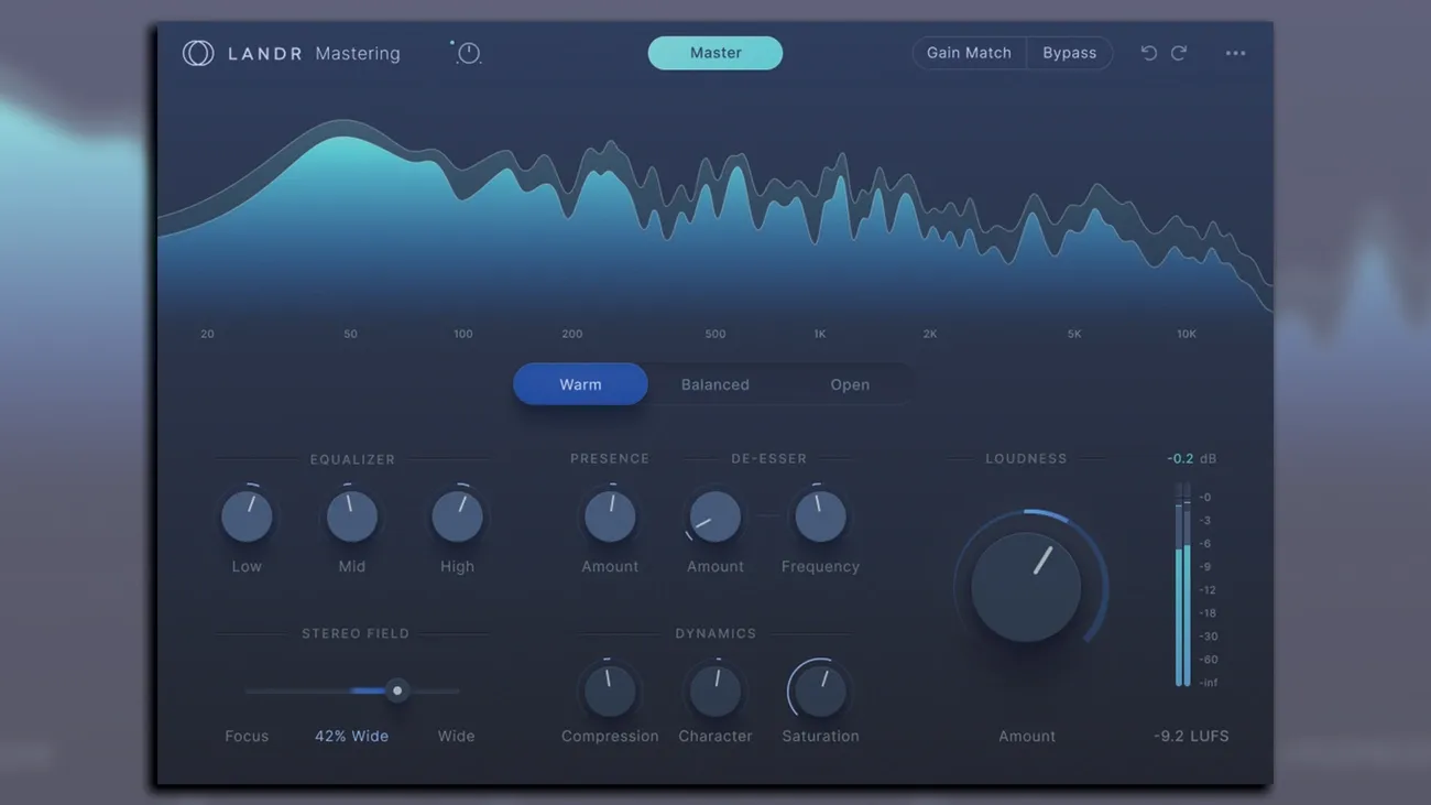 LANDR Mastering Plugin interface showing AI-powered audio mastering controls and frequency spectrum.
