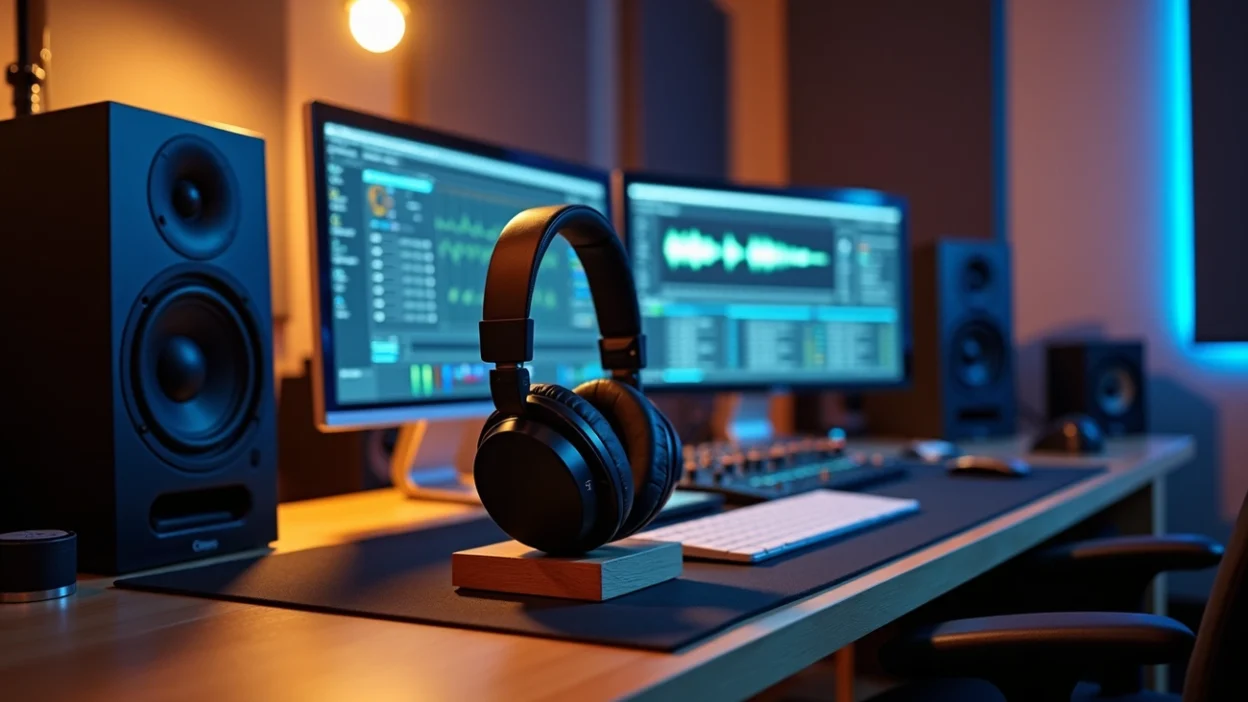 Modern audio studio with monitors and headphones on a desk, showing a mix environment suitable for using free mastering plugins