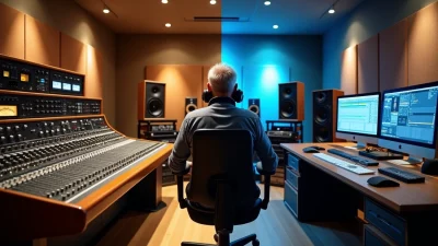 Audio engineer in a modern studio using consoles and software for professional mastering online.