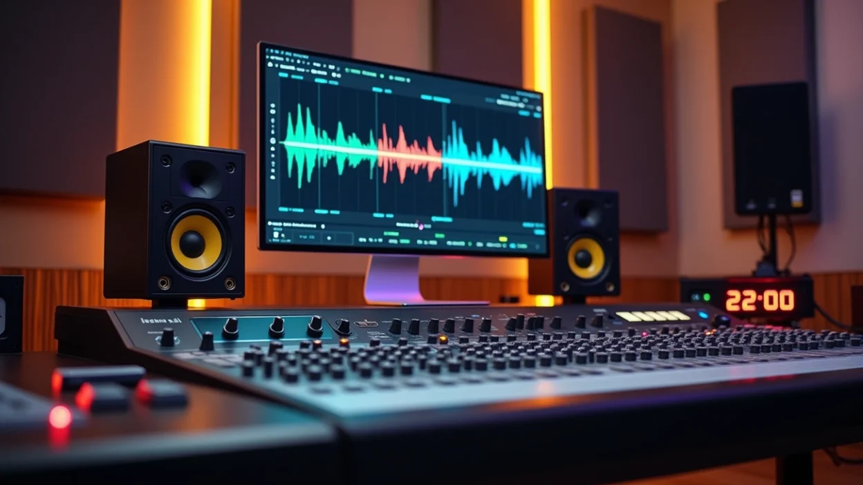 Modern audio studio with waveform display, monitors, and mixing console used for professional online mastering services