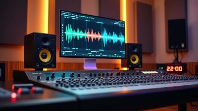 Modern audio studio with waveform display, monitors, and mixing console used for professional online mastering services