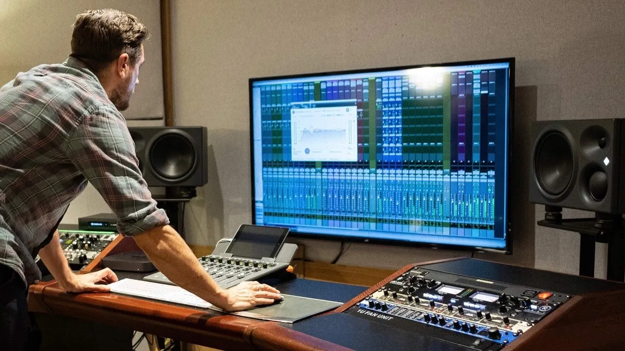 Man using mixing console and digital audio workstation on large monitor in professional recording studio.