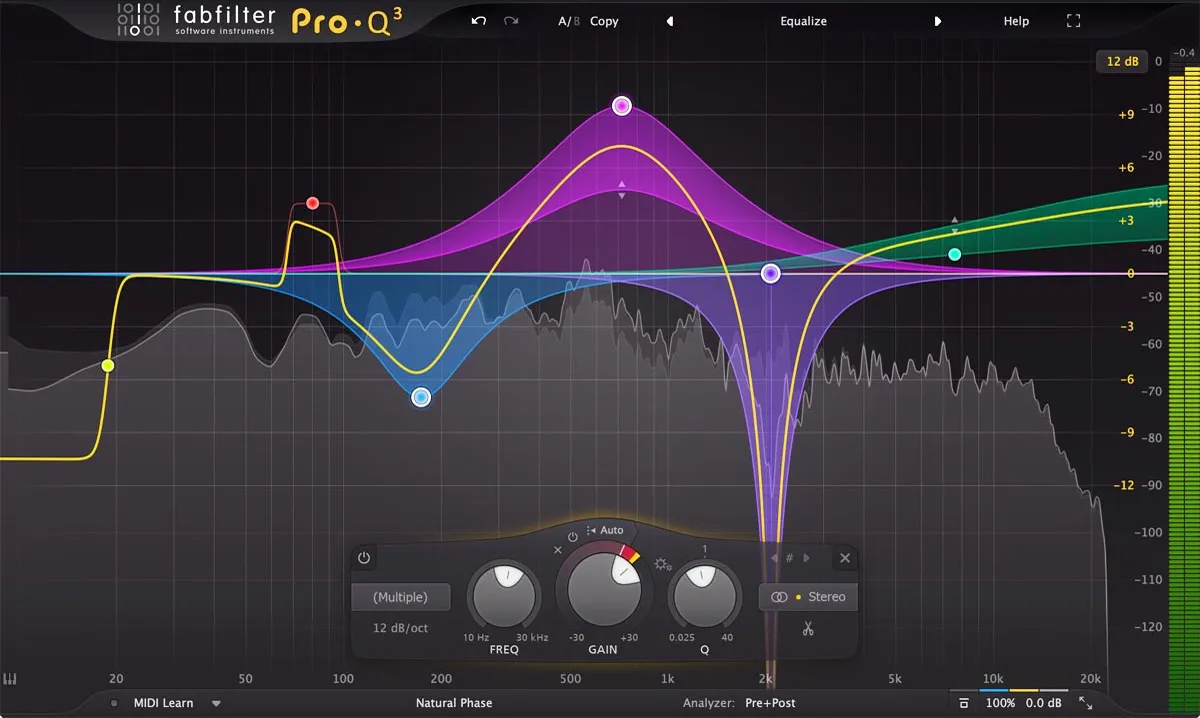 Screenshot of FabFilter Pro-Q 3 equalizer plugin interface showing multiple frequency bands and controls.