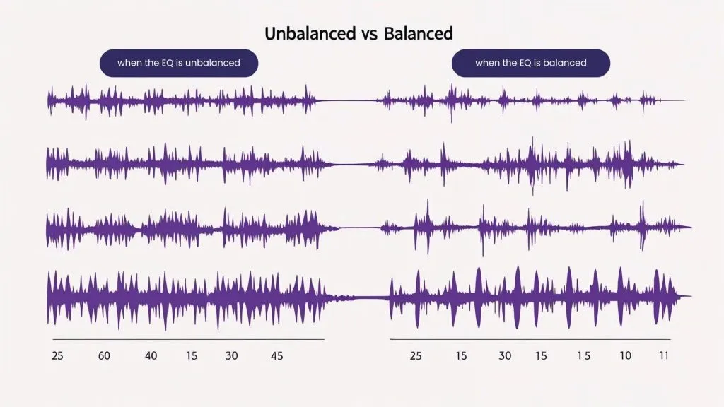 Comparison of unbalanced and balanced EQ waveforms showing differences in audio mastering quality.