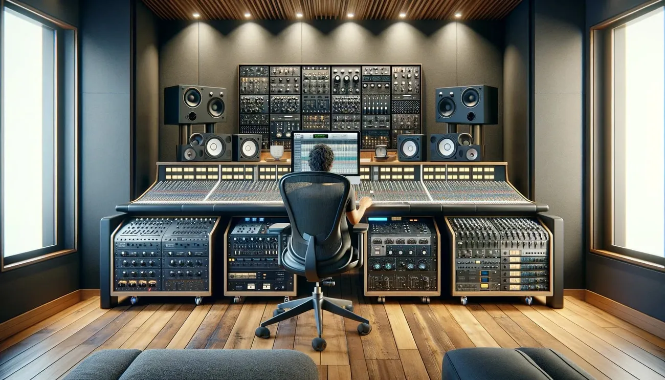 Person working at a professional audio mastering studio with advanced mixing consoles and speakers.