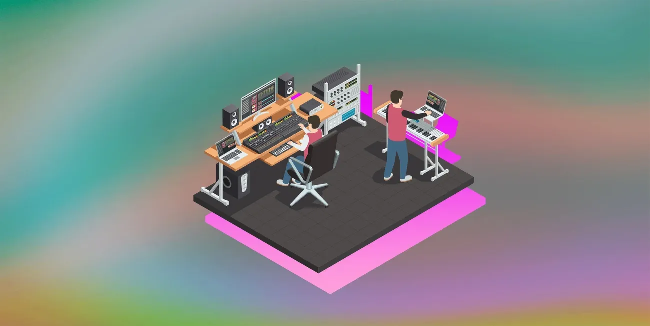 Isometric illustration of two music producers working with keyboards, laptops, and studio equipment in a digital EDM production setup.