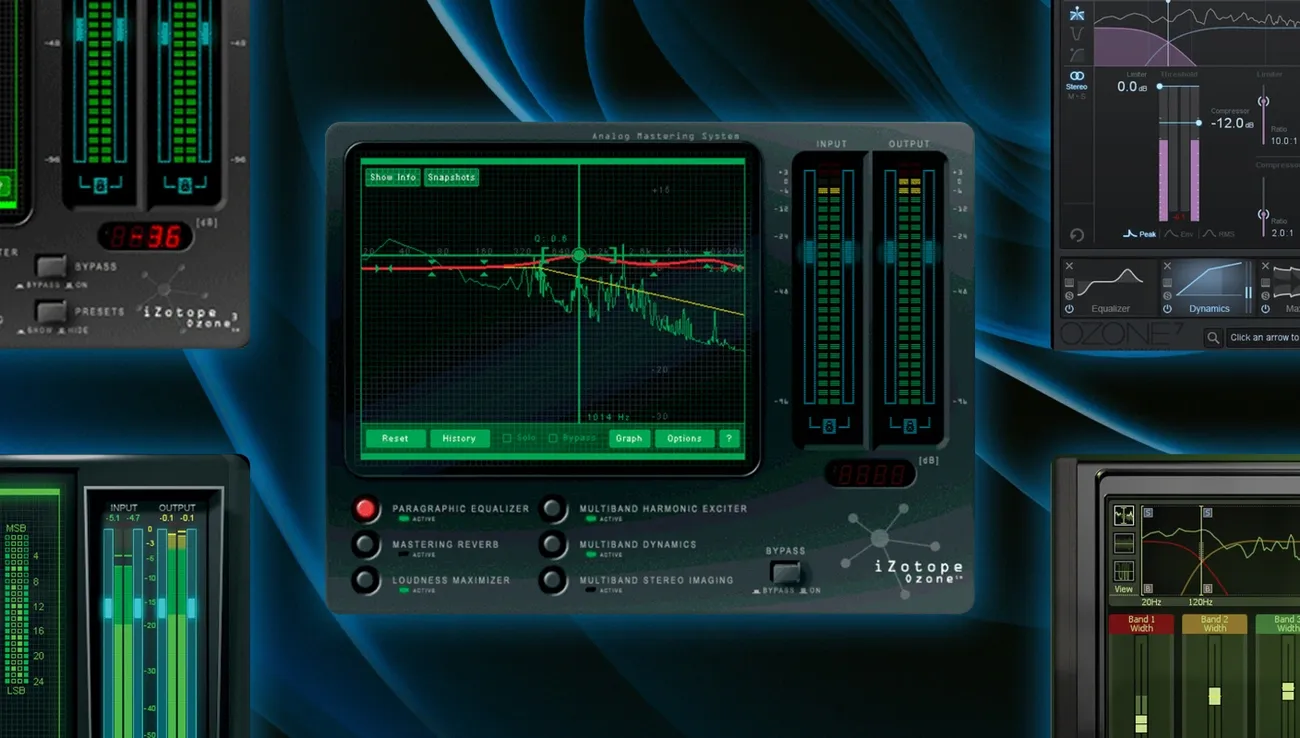 iZotope Ozone 12 mastering plugin interface showing equalizer, dynamics, and output meters on a dark background.
