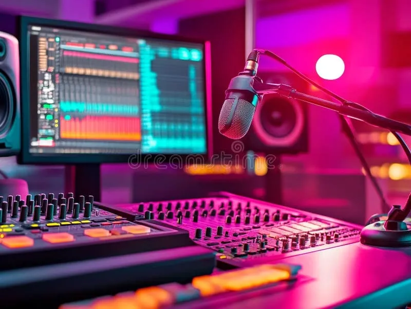 Professional music studio with mixing console, microphone, speakers, and digital audio workstation on screens in colorful lighting.