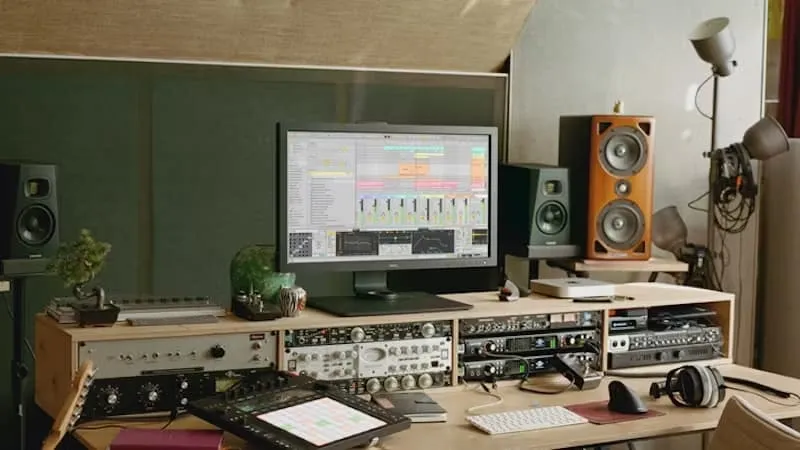 Home music studio setup with Ableton Live on screen, studio monitors, audio gear, and headphones on desk.