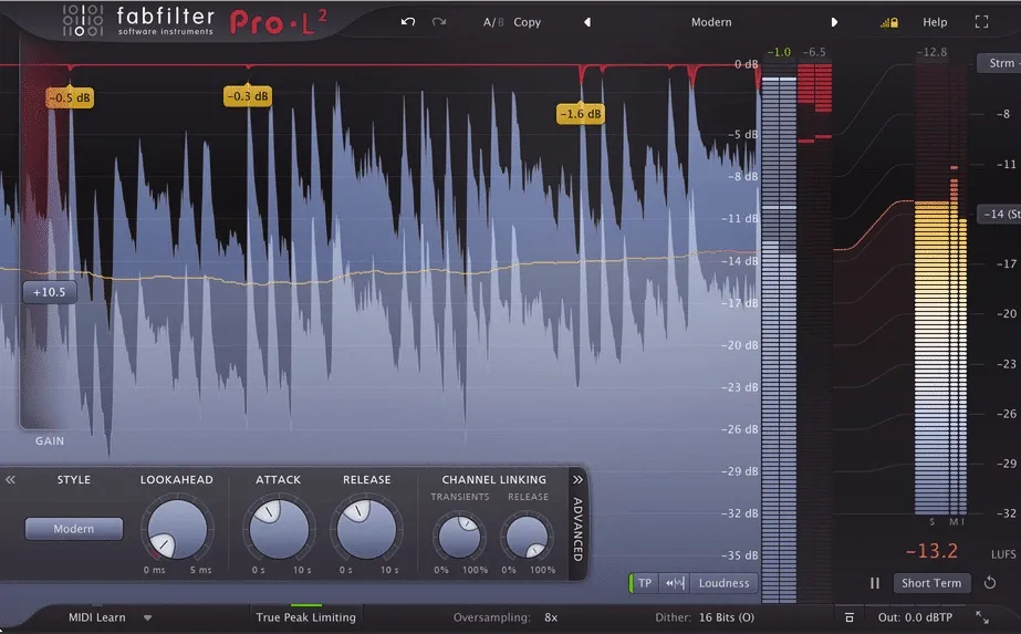 FabFilter Pro-L2 audio limiter plugin interface showing gain, loudness meters, and control knobs for attack and release settings.