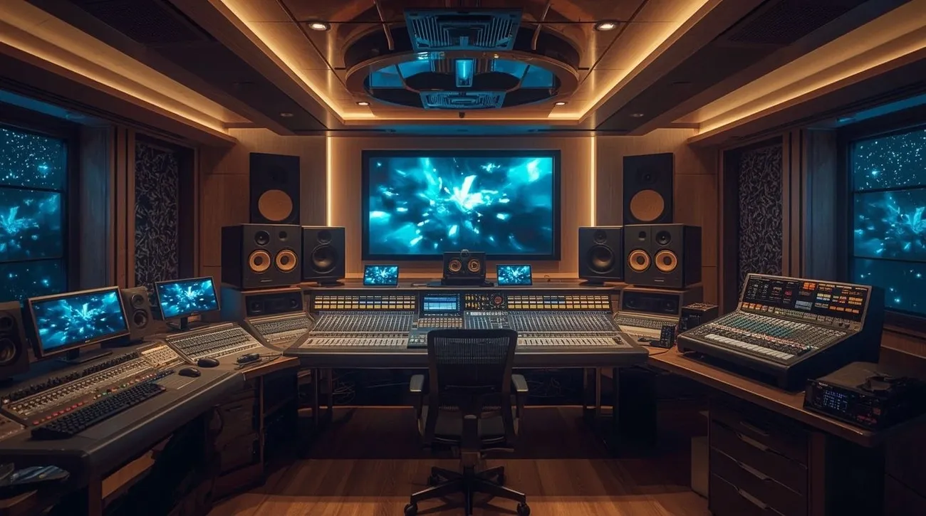Modern audio mixing and mastering studio with multiple monitors, speakers, and mixing consoles in a dimly lit room.