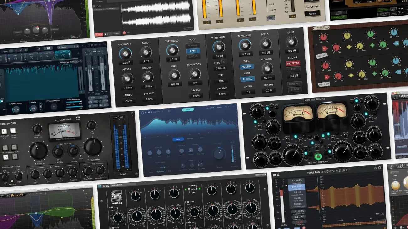 Collage of various audio mastering plugin interfaces showing equalizers, compressors, meters, and waveform displays.