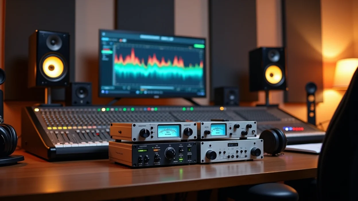 Studio desk with analog compressors and monitors illustrating audio mastering techniques in a music production setup.