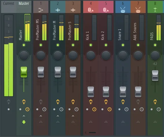 Digital audio mixer interface showing volume levels and controls for various tracks including Master, Kick, Snare, and Pads.