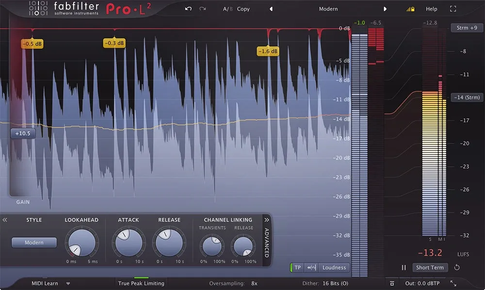 FabFilter Pro-L 2 limiter plugin interface showing gain reduction, loudness meters, and control knobs for lookahead, attack, and release.