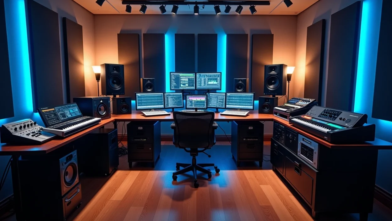 Professional music studio with synthesizers, speakers and mixing screens, ideal for producers looking to buy techno tracks