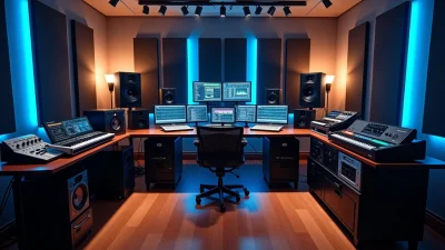 Professional music studio with synthesizers, speakers and mixing screens, ideal for producers looking to buy techno tracks