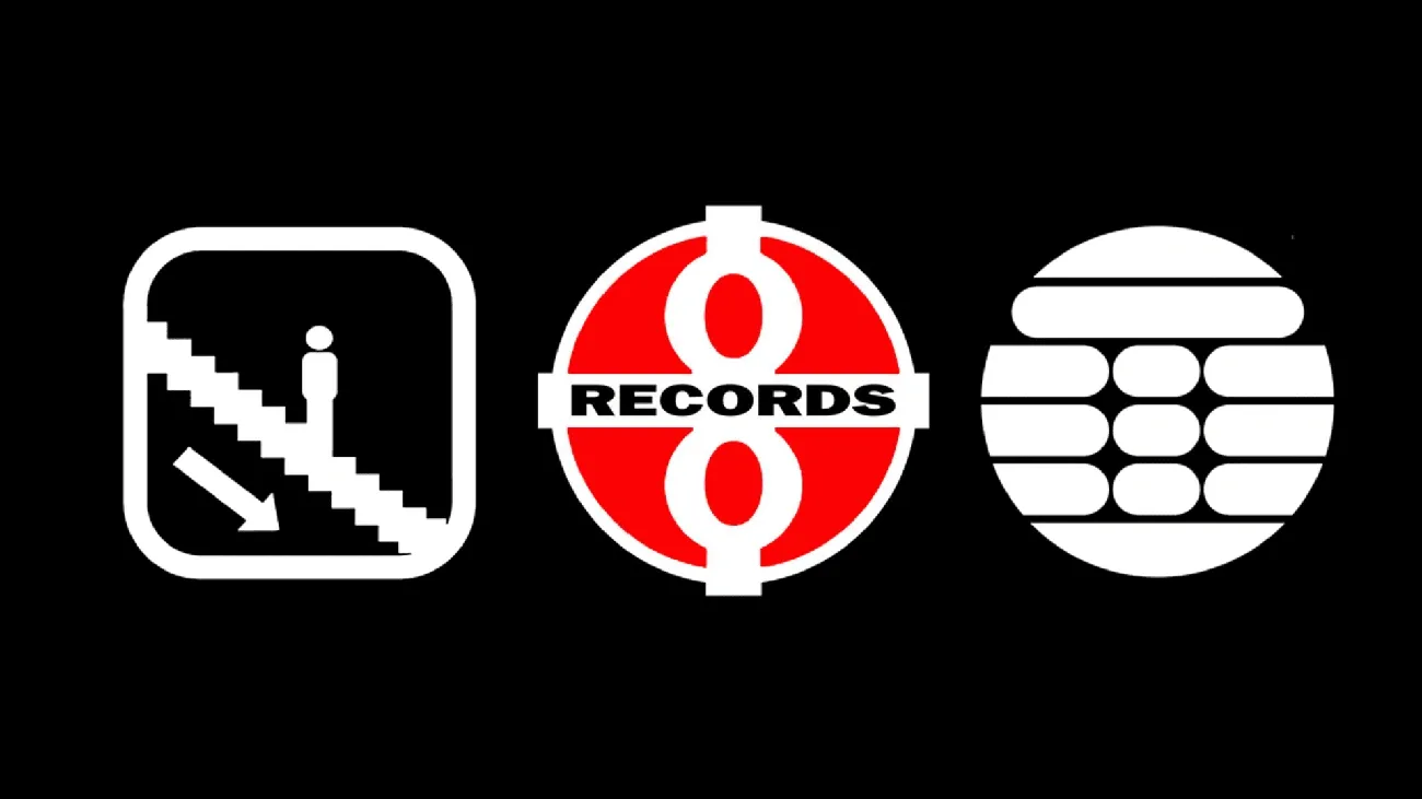 Three techno record label logos on a black background, including a person on stairs, an 8 Records emblem, and a circular abstract design.