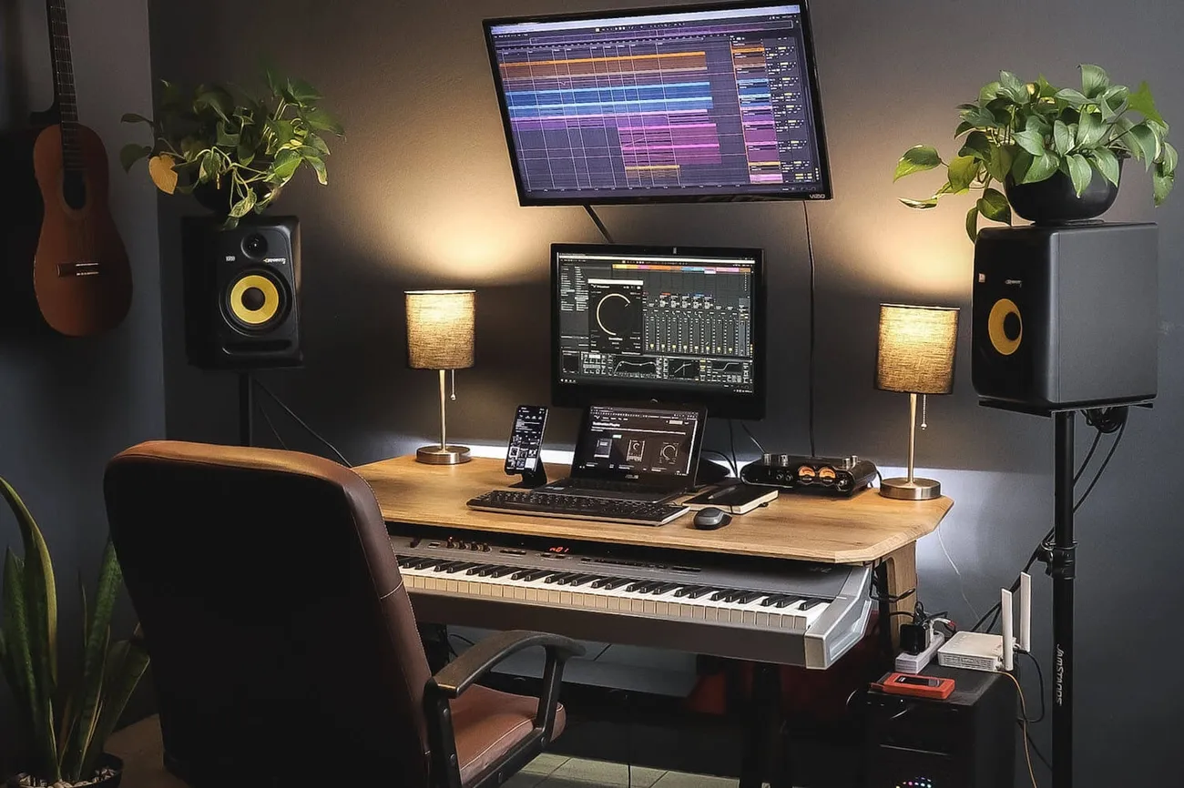 Music production workspace with dual monitors, keyboard, speakers, and ambient lighting for melodic techno plugins.