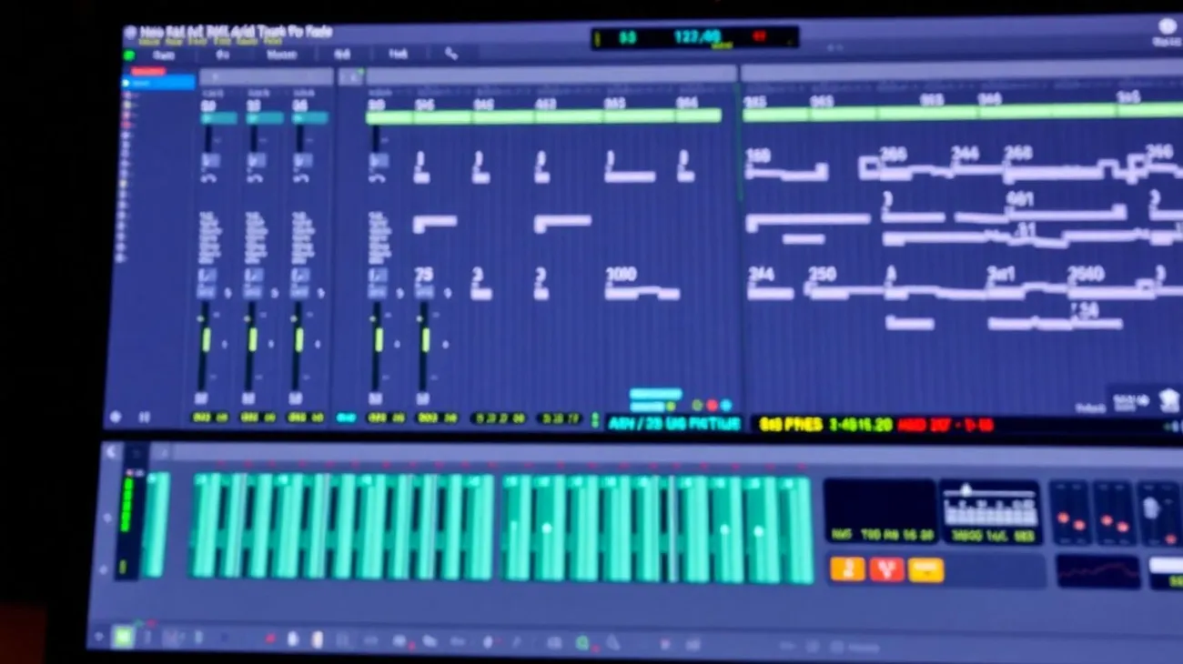 Blurred view of a digital audio workstation interface showing mixer controls, audio tracks, and a virtual keyboard.