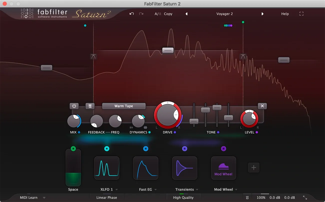 FabFilter Saturn 2 plugin interface showing controls for mix, feedback, dynamics, drive, tone, and level with waveform display.
