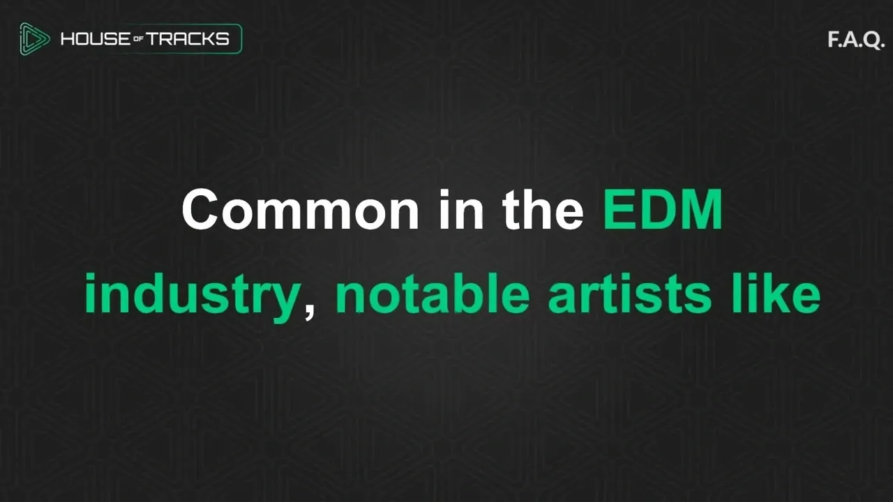 Text slide explaining ghost production is common in the EDM industry with notable artists using it, from House of Tracks FAQ.