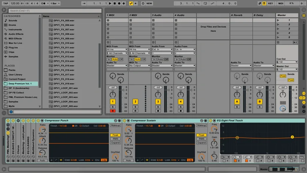 Ableton Live interface showing a mastering chain with compressors and EQ for audio mixing and mastering.