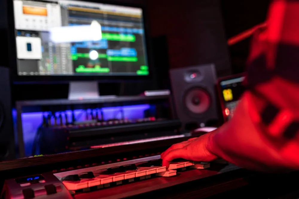 Close-up of a hand playing a MIDI keyboard with music production software on a monitor in a dimly lit studio.