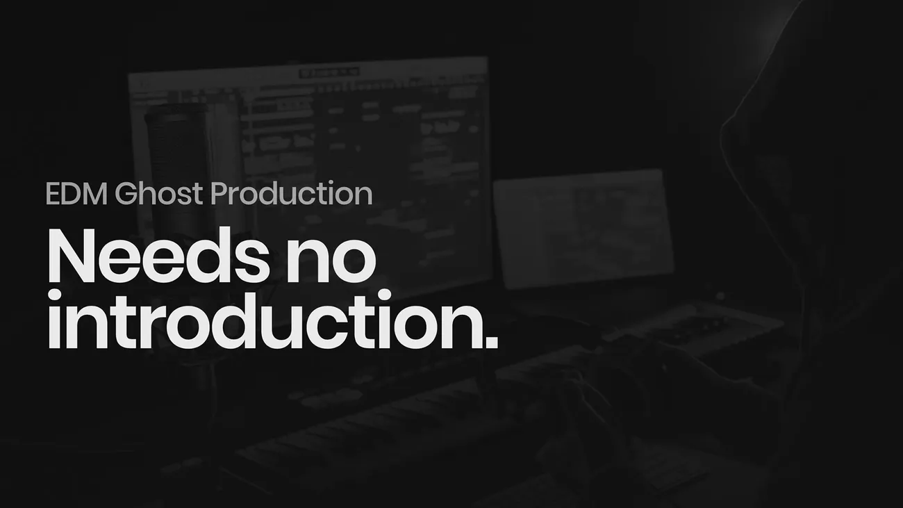Dark EDM studio with microphone, keyboard, and screens displaying music software, highlighting ghost production.