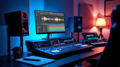 Studio moderne avec équipement audio professionnel utilisé pour la ghost production, incluant mixeur, moniteurs et logiciel de mastering.