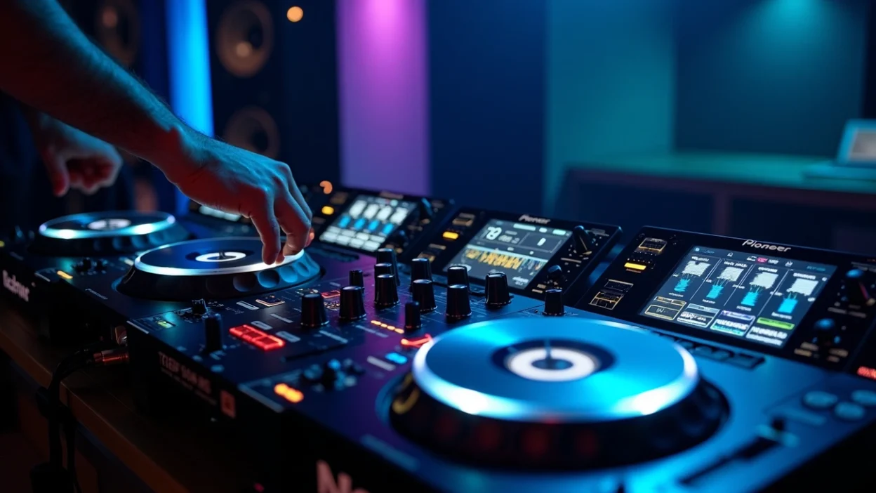 DJ mixing on a professional controller in a studio with colorful lights, demonstrating techniques on how to dj techno