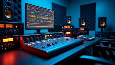 Professional mastering chain in a modern audio studio with mixing console, monitors and waveform display
