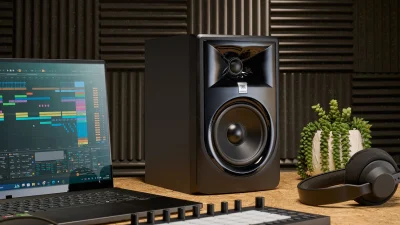Studio setup with JBL monitor, laptop and headphones used for mastering online in an acoustically treated workspace.