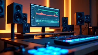 Modern audio studio with a screen displaying mastering plugins, surrounded by monitoring speakers and an illuminated keyboard.