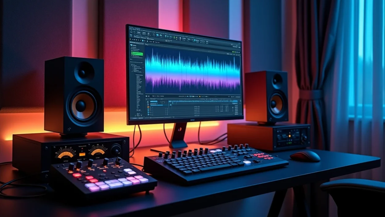 Mastering rack in a professional audio studio with waveform displayed on screen, control surface, interface, and studio monitors