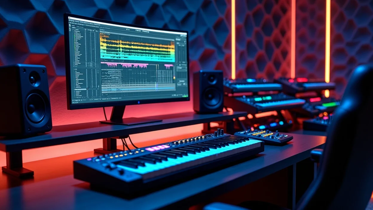 Modern studio setup for melodic techno production with MIDI keyboard, DAW screen, speakers, and electronic music gear.
