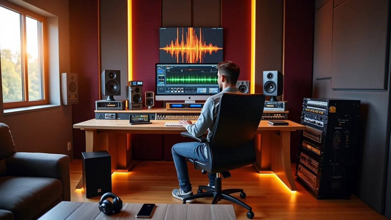 Modern home studio with a producer editing audio tracks on a computer, showcasing practical music producer tips in action
