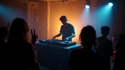 Techno artists performing live DJ set in an underground club with crowd dancing and colorful stage lighting.